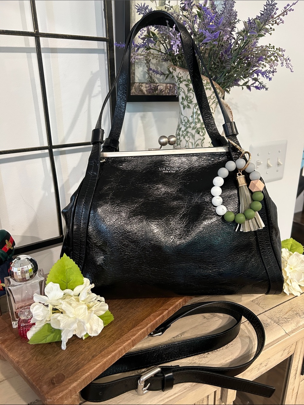 Lia Nuova Black Leather Shoulder Satchel with Beaded Charm